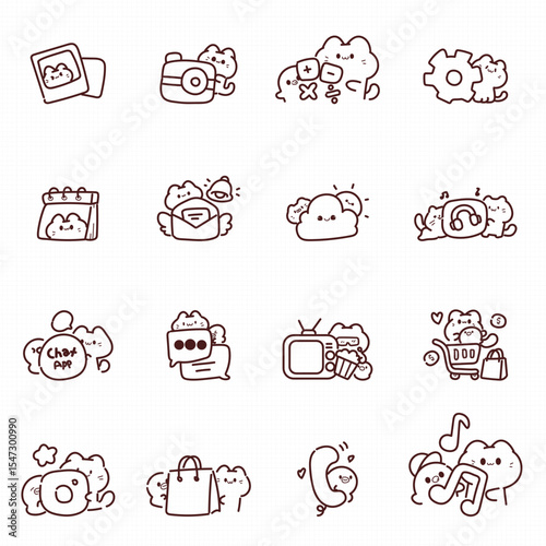 Cute app icon set with cat characters, including photo, chat, music, shopping, and more.