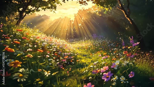 Vibrant meadow filled with colorful wildflowers under golden sunlight, creating a serene nature scene