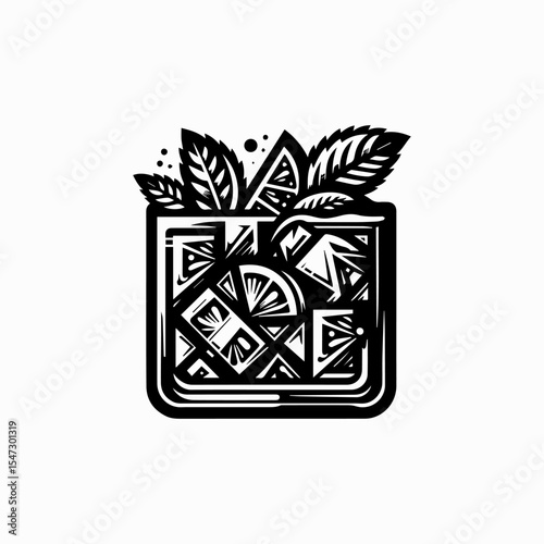 Black and white stylized illustration of a cocktail with ice, citrus, and mint.