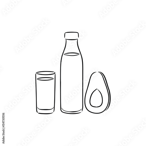 A bottle and glass filled with avocado juice