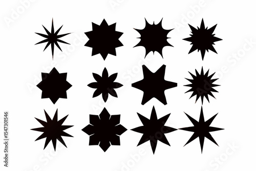 Diverse Black Starburst Icons and Shapes Vector Illustration Set