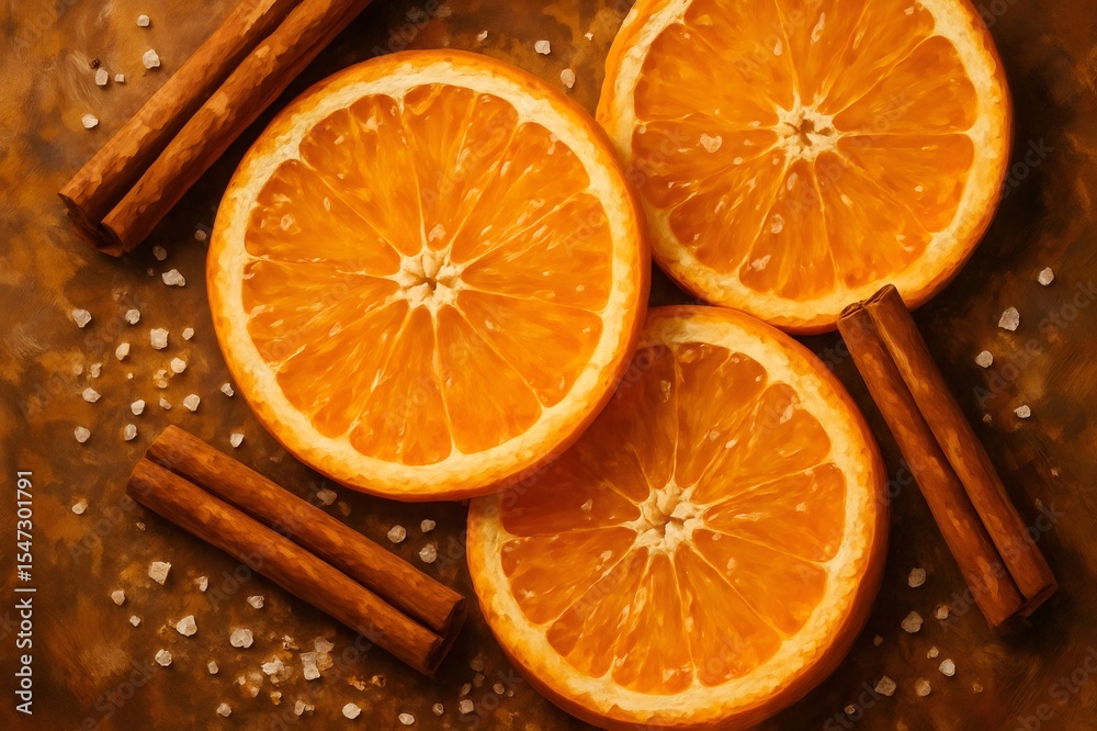 Orange slices and cinnamon sticks creating a vibrant and aromatic display Orange slices and cinnamon sticks creating a vibrant and aromatic display