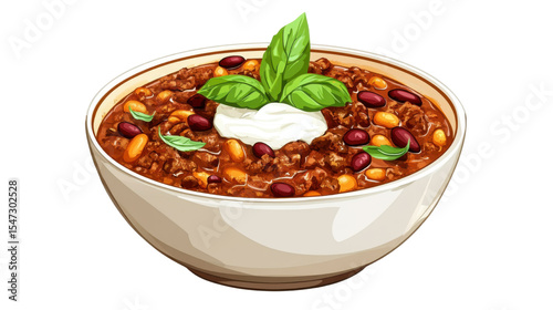 Spicy chili bowl with basil and sour cream on white background

