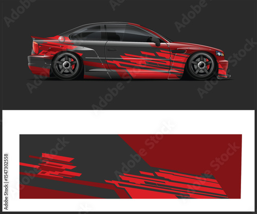Sporty Red and Gray Car with Custom Graphics and Design Layout