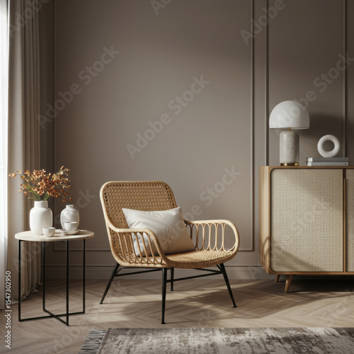 Japandi-Style Living Room with Rattan Furniture and Moody Taupe Walls