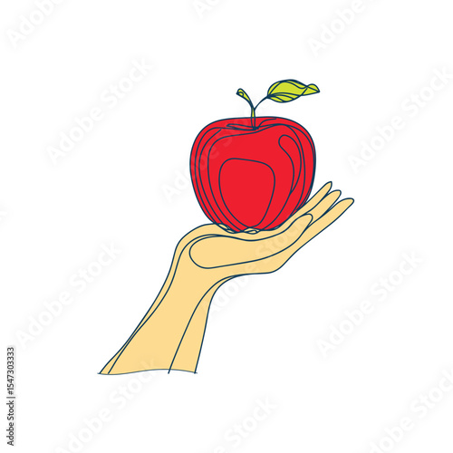 Monoline sketch of a hand holding an apple