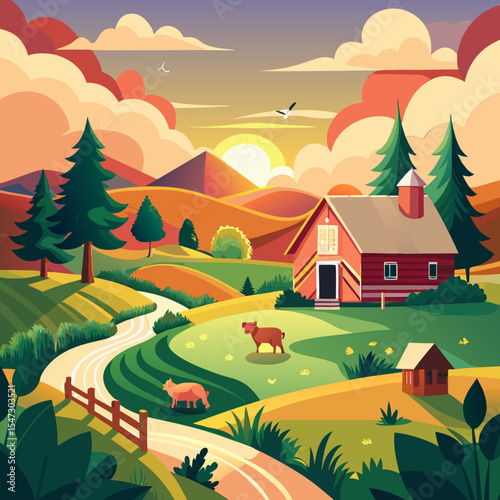 Tranquil Farm Sunset. Serene Countryside Landscape