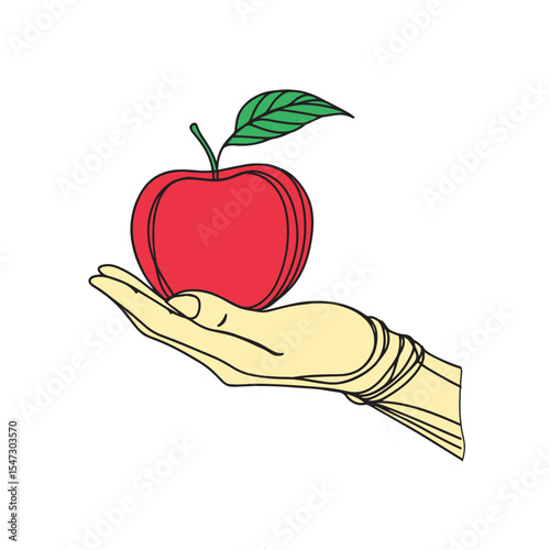 Apple fruit held by hand in monoline style
