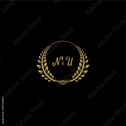 NU beautiful feminine and elegant wedding monogram initial logo with circle floral gold