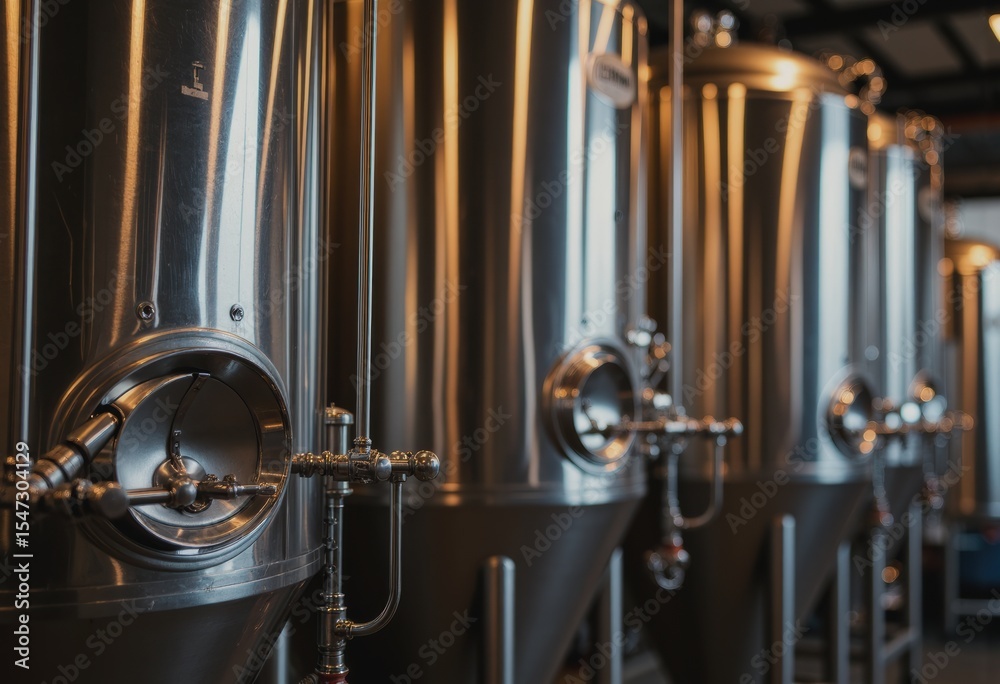 Stainless fermentation tanks in a modern brewery setting Stainless fermentation tanks in a modern brewery setting