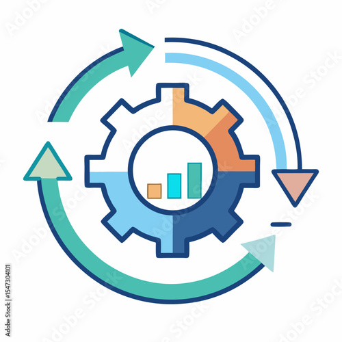 Abstract circular algorithm with gears and looping arrow