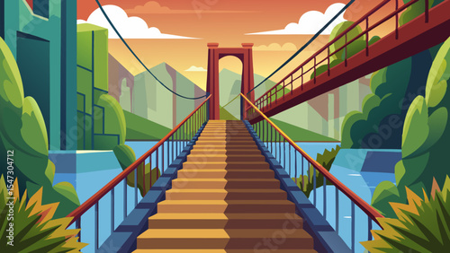 Serene Suspension Bridge. Stairway to Tranquil Mountain Scenery