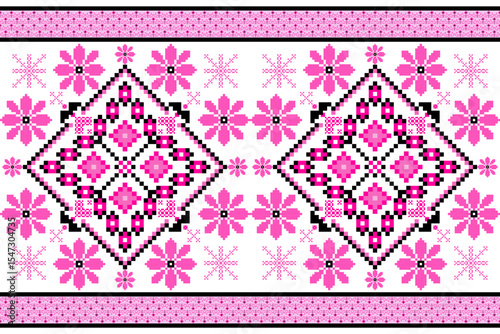 Hot Pink & Black Pixel Ethnic Seamless Pattern. Floral geometric design ideal for textiles, apparel, home decor, and digital backgrounds, celebrating folk art heritage.