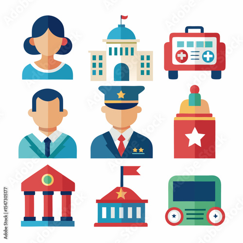 Government and public service icon set essential symbols for civic design