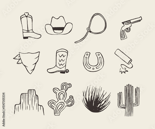 Hand drawn western doodle illustration in vintage sketch style.