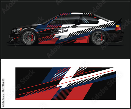 Sleek Racing Car Graphic Wrap Design with Red White and Blue Accents