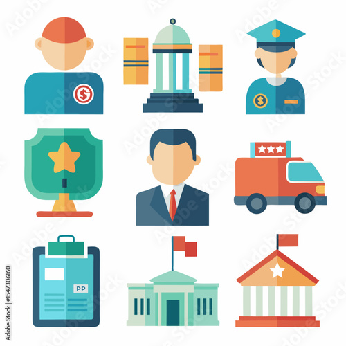 Government and public service icon set essential symbols for civic design