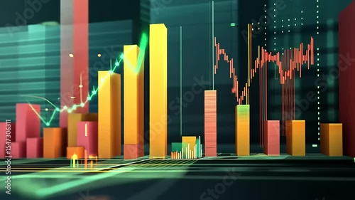 Abstract representation of financial data with colorful bars and graphs against a digital backdrop