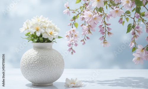 Hanami Reverie (Cherry Blossoms Camellias Wisteria) delicate, flared vase with pale pink water, holding a serene bouquet