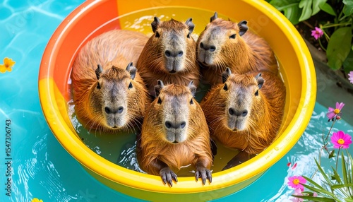 Top-down view of capybaras lounging in colorful bath