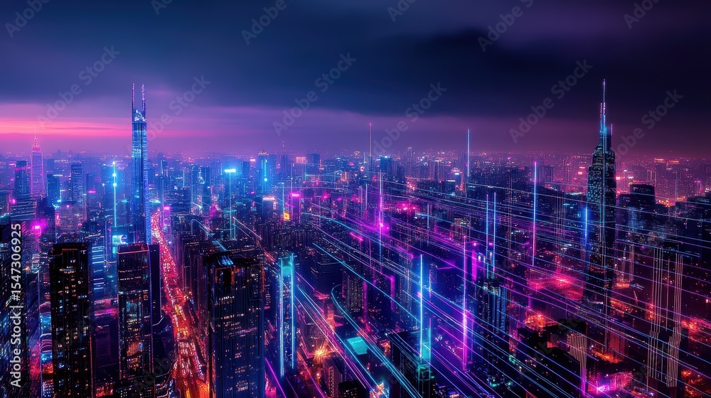 Obraz premium City skyline with modern skyscrapers illuminated at night, digital technology interface overlay, vibrant neon colors, urban landscape, futuristic cityscape.