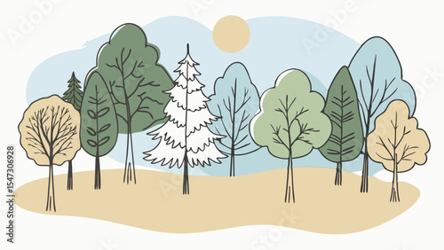 Tranquil Forest Landscape. Serene Nature Scene with Sunlit Trees