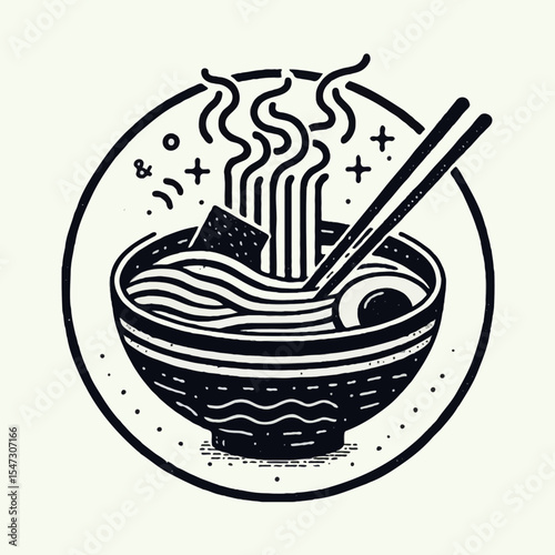 Black and white illustration of a bowl of ramen, featuring noodles, broth, and toppings