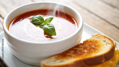 Footage of steaming tomato soup with basil and grilled cheese sandwich. Classic comfort food pairing for a cozy and delicious homemade meal. View of heartwarming lunch.