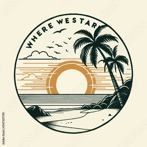 Tropical island paradise with palm trees on a summer beach at sunset, a perfect travel poster illustration