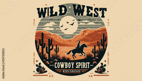 Wild west cowboy spirit illustrated in a vector style, showing a rugged cowboy with a lasso and desert scener