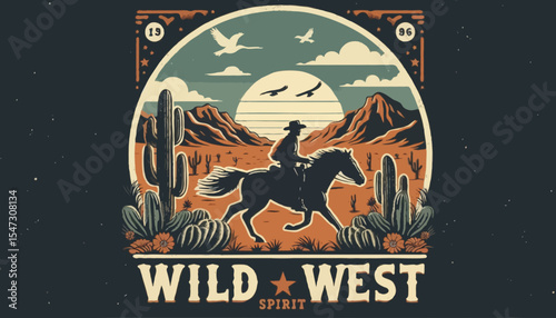 Vintage Wild West poster featuring a cowboy riding a horse against a rustic backdrop