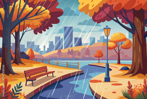 Autumn in the City. A Rainy Day Park Scene