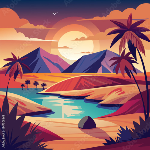 Sunset Oasis. Serene Desert Landscape with Palm Trees and Mountains