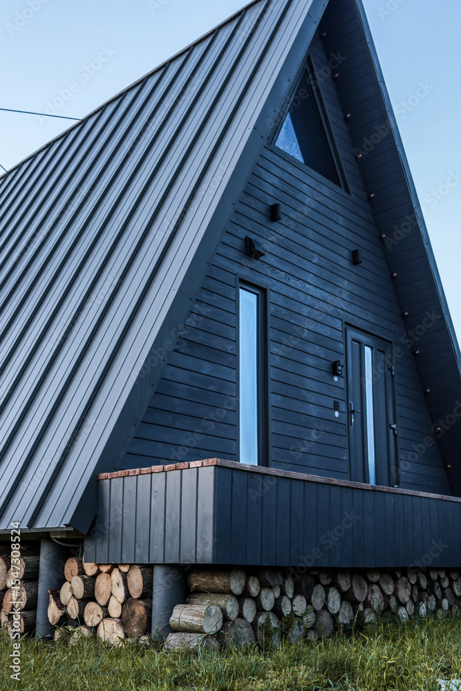 Fototapeta premium Modern A-frame cabin with vertical wood siding and a triangular window, viewed from a rustic wooden pathway leading to the front door