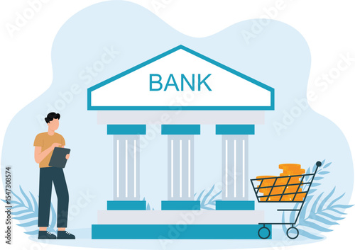 Bank Shopping,Bank building with falling gold coin and paper currency in realistic cartoon style
