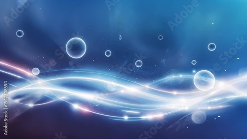 Abstract footage of glowing blue light waves with floating bubbles and particles. Visualization of technology, digital energy, or underwater magic. Scene of ethereal motion.