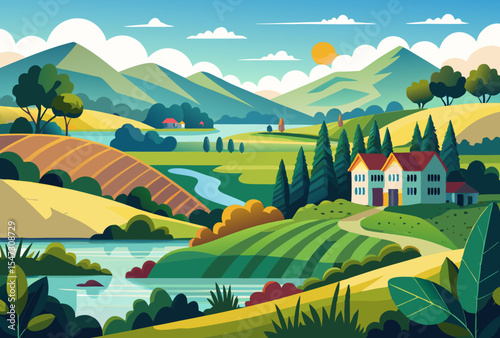 Serene Countryside Landscape. Picturesque Farmland. Rolling Hills. and River Views