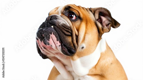 English Bulldog portrait close-up footage. Highlighting the breed's unique features, funny expression, and comical character. View of an adorable purebred dog.