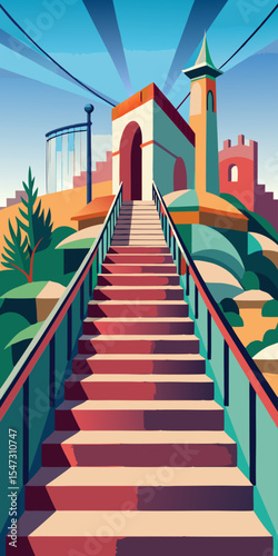 Ascending City. A Colorful Architectural Illustration