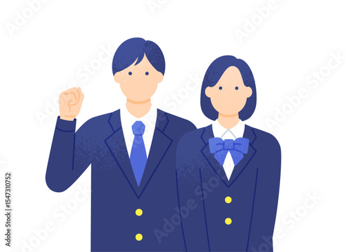 ガッツポーズする男の子 頑張る高校生 ブレザーの制服を着た男女のベクターイラスト素材