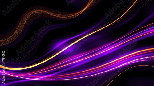 Vibrant glowing purple and gold wave lines flowing on dark background