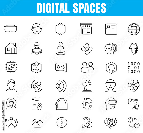 Metaverse and Digital Spaces Line Icons,  VR Headset, Avatar, Blockchain, Chat Bubble,  Ideal for UI/UX design,   Provided in editable EPS and transparent PNG formats