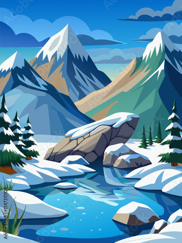 Majestic Winter Landscape. Snowy Mountains and Frozen River