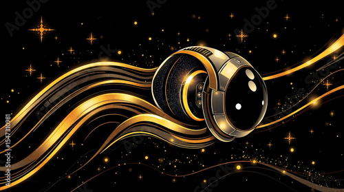 Futuristic golden tech orb with glowing trails and starry background