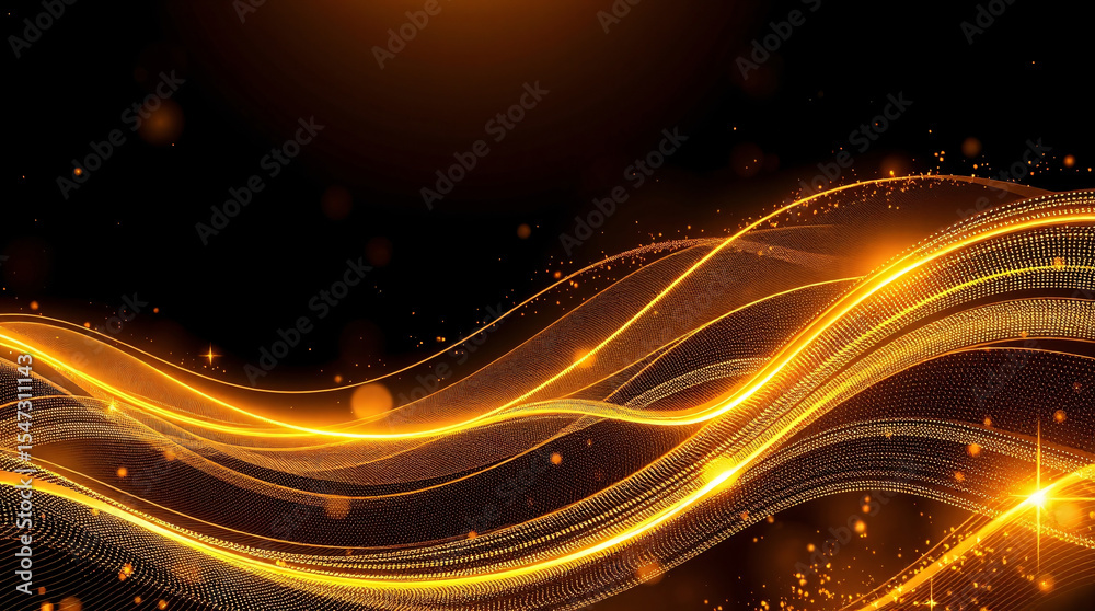 Fototapeta premium Radiant golden flowing light waves with glowing particles on black background – luxury abstract energy design