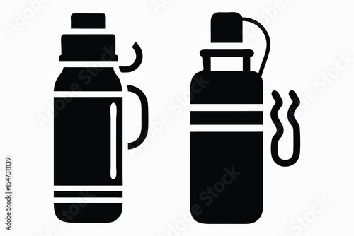 Insulated Beverage Bottles, Hot and Cold Options. Two simple black and white silhouettes of insulated beverage bottles, one showing hot beverage steam, the other a standard bottle.
