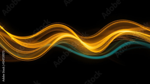 Dynamic golden and teal flowing wave lines on black background – abstract motion energy