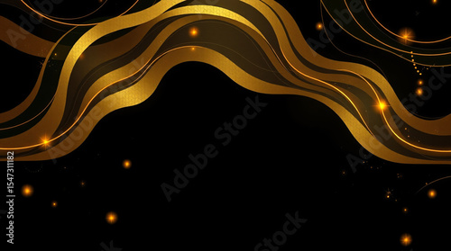Elegant golden wave curves on black background with glowing particles – luxury festive design