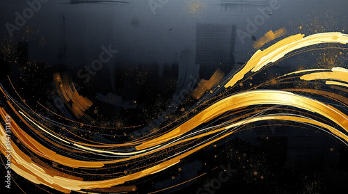 Elegant golden brush strokes with sparkling particles on dark textured background in luxurious abstract motion