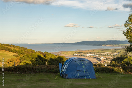 Summer camping in Exmoor National Park with views of Minehead, the starting point of the South West Coast Path, and the Bristol Channel